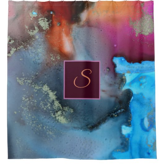 抽象芸術ブルーオレンジレッドウェーブモノグラム シャワーカーテン (正面)