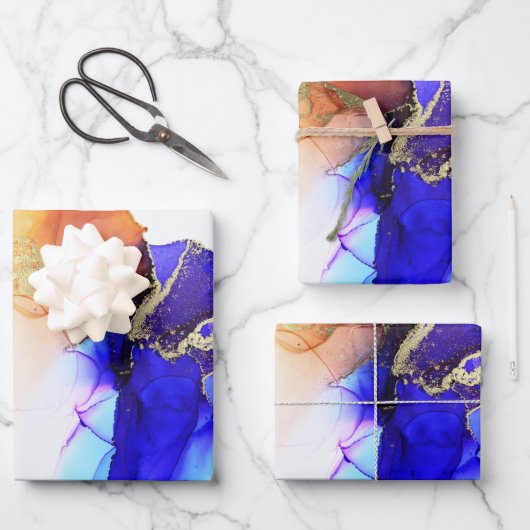 抽象芸術ブルーオレンジ金ゴールドアルコールインク ラッピングペーパーシート (正面)