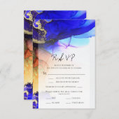 抽象芸術ブルーオレンジ金ゴールド結婚式RSVPカード 出欠カード (正面/裏面)