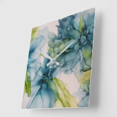 抽象芸術ブルーカラフルとグリーンのフローラアート スクエア壁時計 (傾斜)