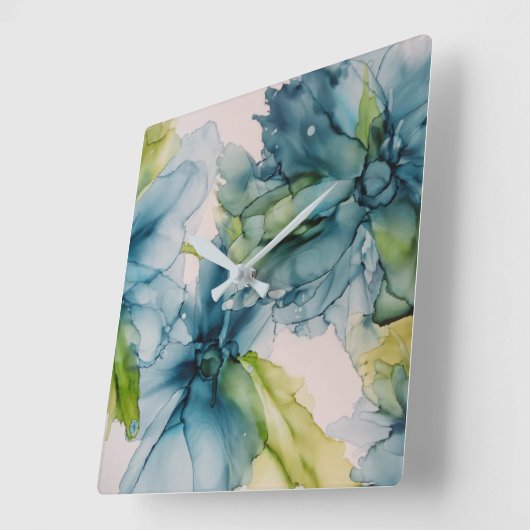 抽象芸術ブルーカラフルとグリーンのフローラアート スクエア壁時計 (傾斜)