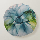 抽象芸術ブルーカラフルとグリーンのフローラアート ラウンドクッション (裏面)