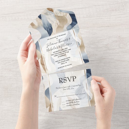 抽象芸術ブルークリームシーサンド海ビーチ オールインワン招待状 (貼ってはがせる)