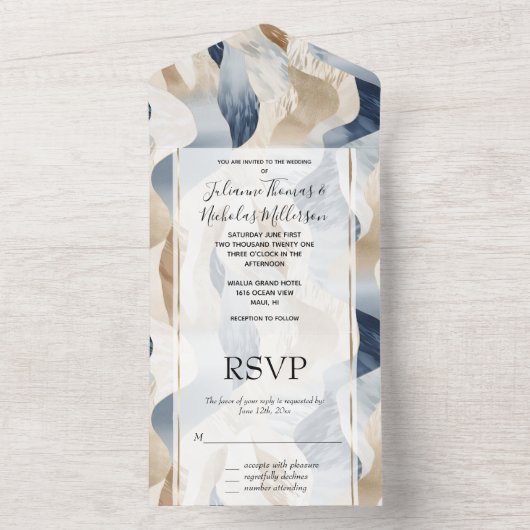 抽象芸術ブルークリームシーサンド海ビーチ オールインワン招待状 (内側)