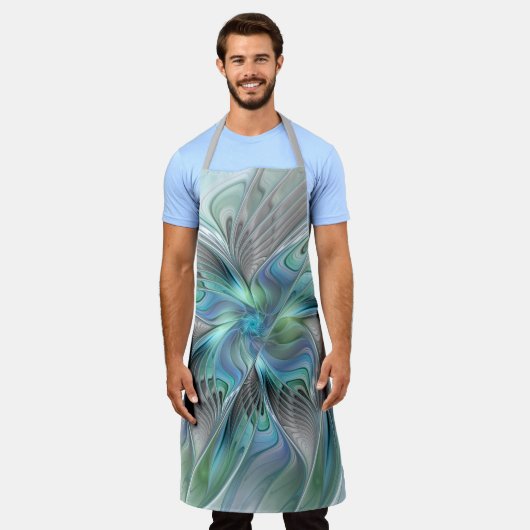 抽象芸術ブルーグリーンバタフライファンタジーフラクタルアート エプロン (着用した状態)