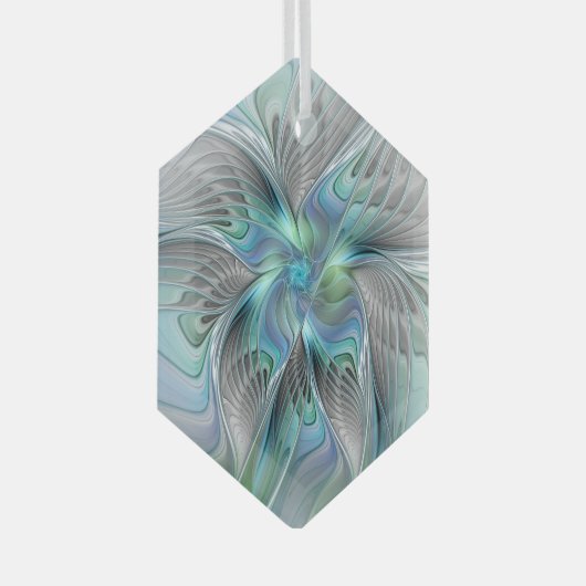 抽象芸術ブルーグリーンバタフライファンタジーフラクタルアート ガラスオーナメント (正面右)