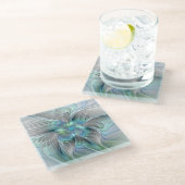 抽象芸術ブルーグリーンバタフライファンタジーフラクタルアート ガラスコースター (アングル)