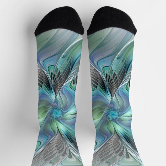 抽象芸術ブルーグリーンバタフライファンタジーフラクタルアート ソックス (上部)