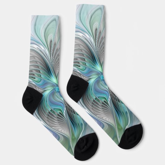 抽象芸術ブルーグリーンバタフライファンタジーフラクタルアート ソックス (右)