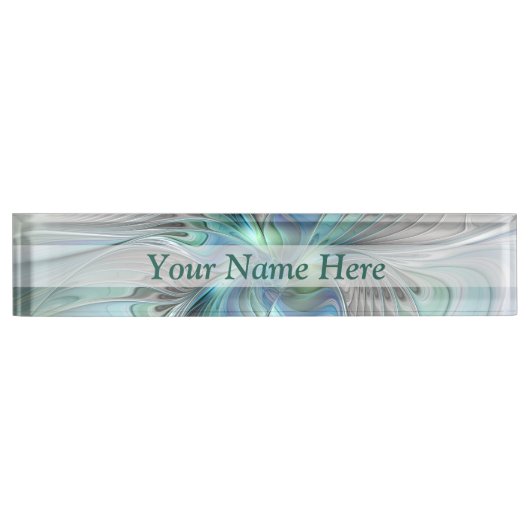 抽象芸術ブルーグリーンバタフライファンタジーフラクタルアート デスクネームプレート (正面)