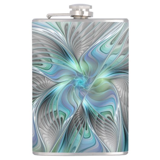 抽象芸術ブルーグリーンバタフライファンタジーフラクタルアート フラスク (正面)