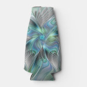 抽象芸術ブルーグリーンバタフライファンタジーフラクタルアート ボトルクーラー (正面)