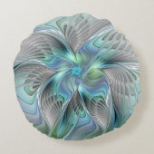 抽象芸術ブルーグリーンバタフライファンタジーフラクタルアート ラウンドクッション (裏面)