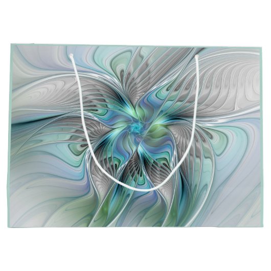 抽象芸術ブルーグリーンバタフライファンタジーフラクタルアート ラージペーパーバッグ (裏面)