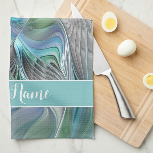 抽象芸術ブルーグリーンバタフライファンタジーフラクタル名 キッチンタオル (四つ折り)