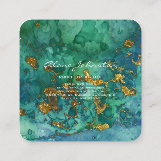 抽象芸術ブルーグリーン金ゴールドメイクアップアーティスト スクエア名刺 (裏面)
