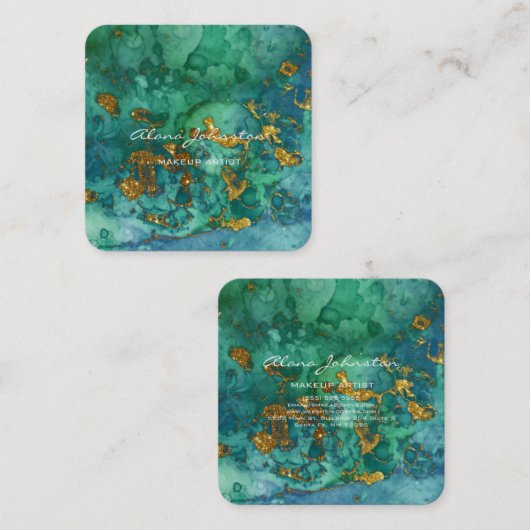 抽象芸術ブルーグリーン金ゴールドメイクアップアーティスト スクエア名刺 (正面/裏面)