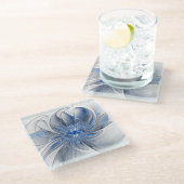 抽象芸術ブルーグレー水彩フラクタルアートフラワー ガラスコースター (アングル)