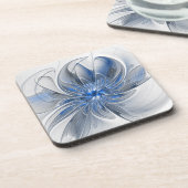 抽象芸術ブルーグレー水彩フラクタルアートフラワー コースター (左側)