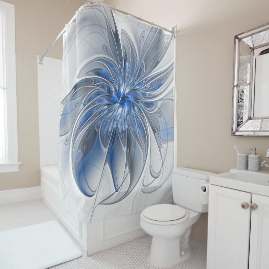 抽象芸術ブルーグレー水彩フラクタルアートフラワー シャワーカーテン (インサイチュ)