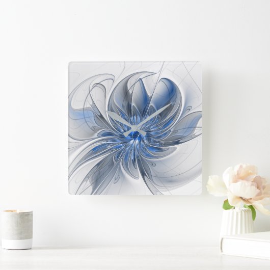 抽象芸術ブルーグレー水彩フラクタルアートフラワー スクエア壁時計 (ホーム)