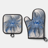 抽象芸術ブルーグレー水彩フラクタルアートフラワー 鍋つかみ&鍋敷きセット (正面)