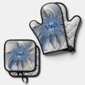 抽象芸術ブルーグレー水彩フラクタルアートフラワー 鍋つかみ&鍋敷きセット (正面/裏面)