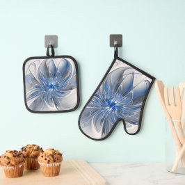 抽象芸術ブルーグレー水彩フラクタルアートフラワー 鍋つかみ&鍋敷きセット