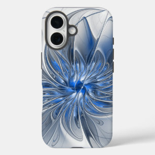 抽象芸術ブルーグレー水彩フラクタルアートフラワー iPhone 16ケース