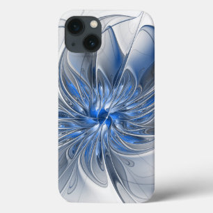 抽象芸術ブルーグレー水彩フラクタルアートフラワー iPhone 13ケース