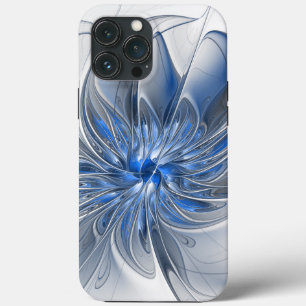 抽象芸術ブルーグレー水彩フラクタルアートフラワー iPhone 13 PRO MAXケース
