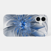 抽象芸術ブルーグレー水彩フラクタルアートフラワー iPhone 16ケース (裏面横)