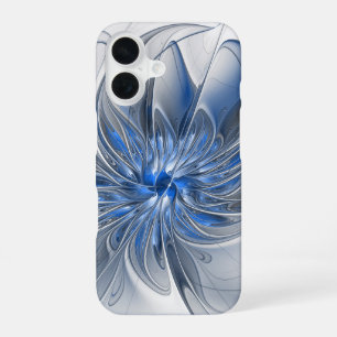 抽象芸術ブルーグレー水彩フラクタルアートフラワー iPhone 16ケース