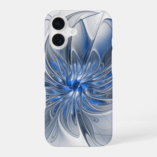 抽象芸術ブルーグレー水彩フラクタルアートフラワー iPhone 16ケース (裏面)