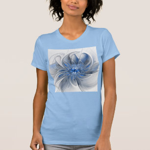 抽象芸術ブルーグレー水彩フラクタルアートフラワー Tシャツ