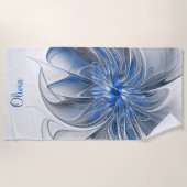 抽象芸術ブルーグレー水色フラクタルフラワー名 ビーチタオル (正面)