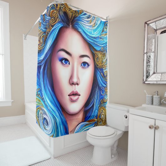 抽象芸術ブルーシュルレアリスムファンタジー女性ポートレート シャワーカーテン (インサイチュ)