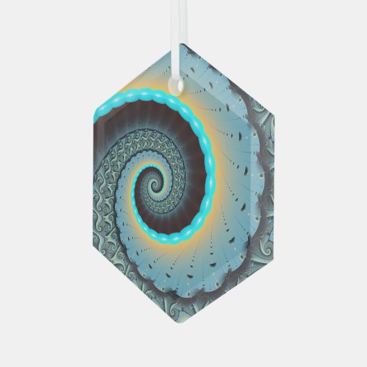 抽象芸術ブルーターコイズオレンジフラクタルアートスパイラル ガラスオーナメント (正面左)