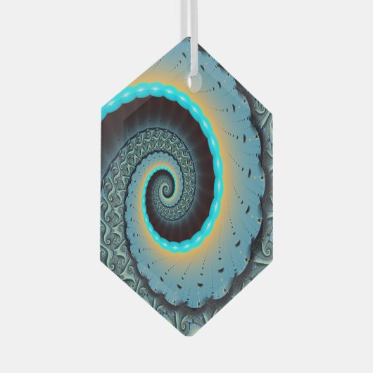 抽象芸術ブルーターコイズオレンジフラクタルアートスパイラル ガラスオーナメント (正面右)