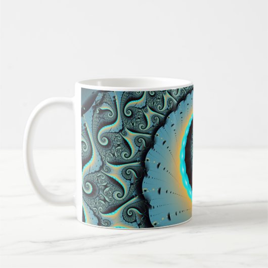 抽象芸術ブルーターコイズオレンジフラクタルアートスパイラル コーヒーマグカップ (左)