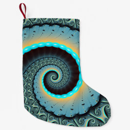 抽象芸術ブルーターコイズオレンジフラクタルアートスパイラル スモールクリスマスストッキング