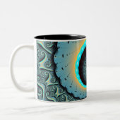 抽象芸術ブルーターコイズオレンジフラクタルアートスパイラル ツートーンマグカップ (左)