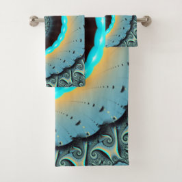 抽象芸術ブルーターコイズオレンジフラクタルアートスパイラル バスタオルセット