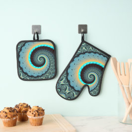 抽象芸術ブルーターコイズオレンジフラクタルアートスパイラル 鍋つかみ&鍋敷きセット