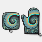 抽象芸術ブルーターコイズオレンジフラクタルアートスパイラル 鍋つかみ&鍋敷きセット (正面)