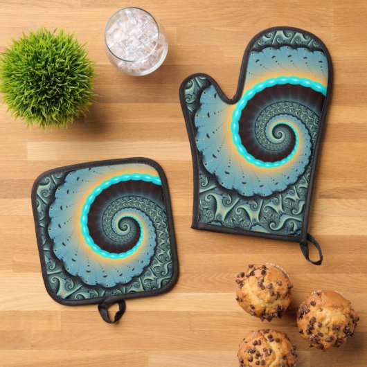 抽象芸術ブルーターコイズオレンジフラクタルアートスパイラル 鍋つかみ&鍋敷きセット (トップダウン)