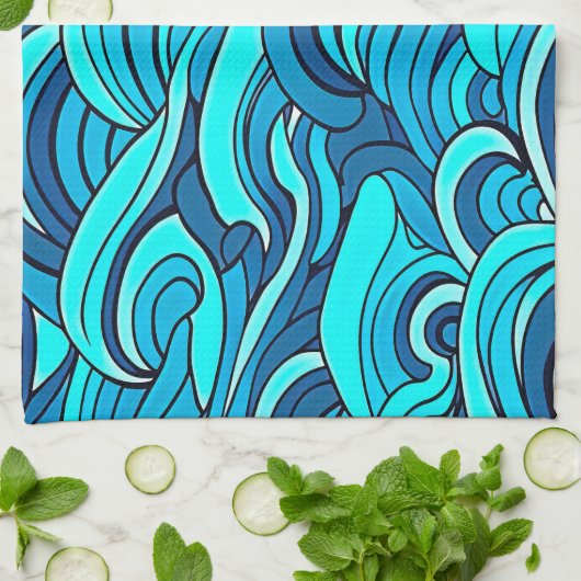 抽象芸術ブルーターコイズ海水波 | キッチンタオル (折り畳み)
