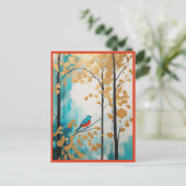 抽象芸術ブルーバードインオータムゴールデン葉ズフォレスト ポストカード (スタンド正面)