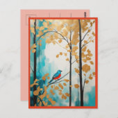 抽象芸術ブルーバードインオータムゴールデン葉ズフォレスト ポストカード (正面/裏面)