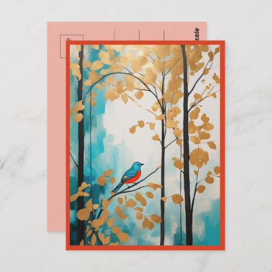 抽象芸術ブルーバードインオータムゴールデン葉ズフォレスト ポストカード (正面/裏面)